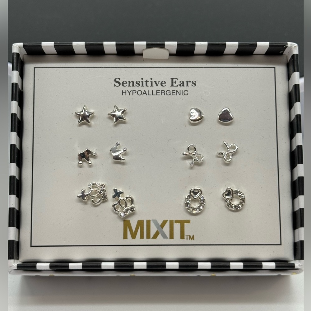 Box Set 6 Pairs Silver Stud Earrings